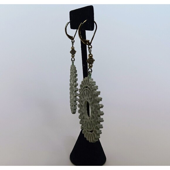 Handmade Enameled Goldtone Crystal Filagree Sunburst Statement Earrings 3 in - Picture 3 of 11